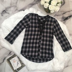 Fashion Nova | L Plaid Navy Lace Up Blouse